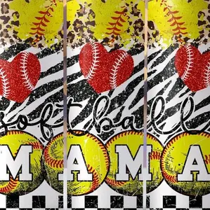 20oz Softball Mama Tumbler - Leopard Print Design with Red Hearts and Yellow Baseballs - Perfect for Softball Fans