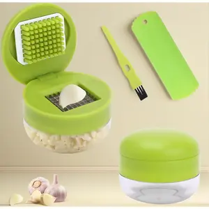 3-in-1 Stainless Steel Garlic Press Set, Professional Garlic Crusher with Silicone Peeler & Cleaning Brush, Easy Squeeze Chopper for Ginger, Fruit & Shredded Garlic