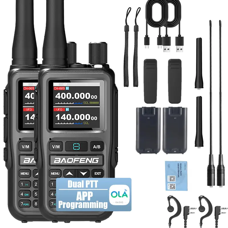 Baofeng UV-5R Mini Dual Band VHF/UHF Walkie Talkie Audio Device for Adults - 0-5W Wireless 2-Way Radio, 999CH, Bluetooth, 144-148MHz NOAA Weather, USB-C Fast Charge, 72h Standby Emergency Kit, 15km+ Range, App Sync (2-Pack) for Camping, Hunting
