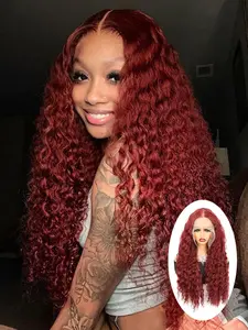 26 Inch Burgundy Long Water Wave Lace Front Wigs for Women, Gorgeous Fluffy Wigs without Bangs, Synthetic Heat Resistant Lace Front Wigs for Party, Daily Use