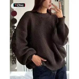 Women's Loose-Fitting Round Neck Sweater, Casual Fashion Long Sleeve Knitwear, Elegant Plain Color Pullover for Fall & Winter