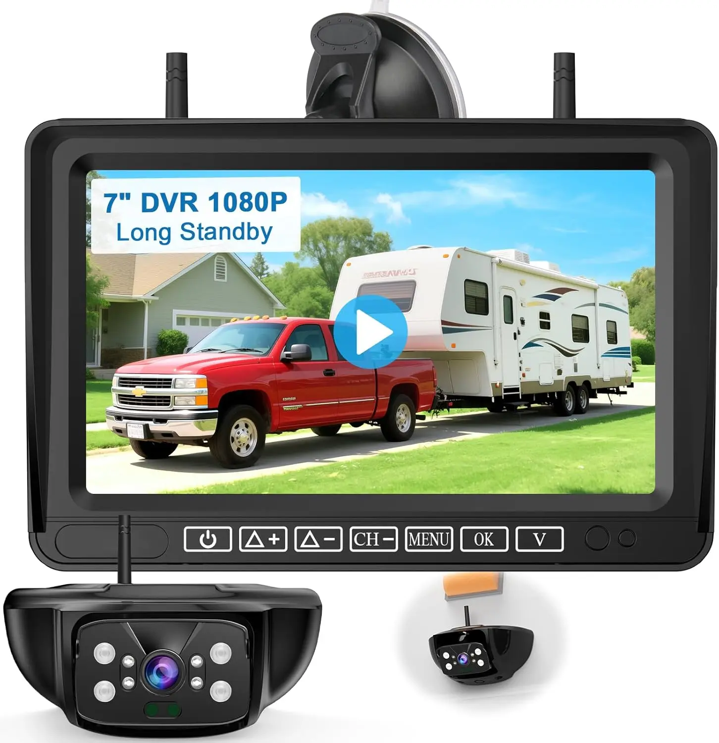 7-Inch Wireless Backup Camera for RV Trailer - 170° Wide Angle, Ultra-Clear Night Vision, 4-Channel HD 1080P Recording Monitor - Easy Installation, Pre-Wired Housing Compatible