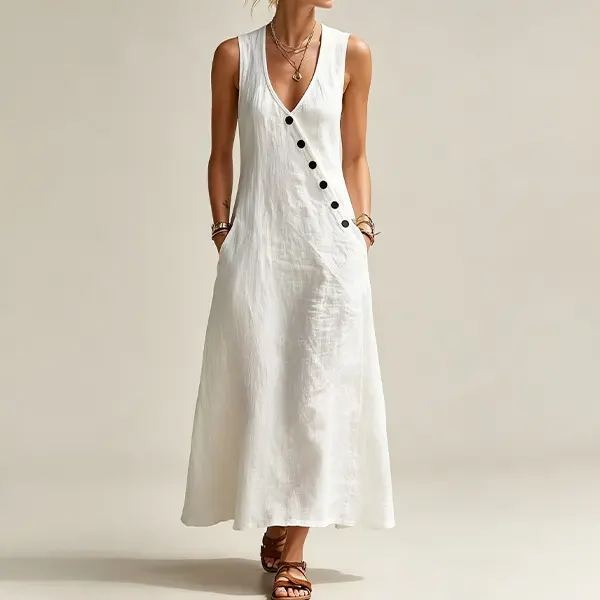 White linen sleeveless maxi dress with a deep V neck, diagonal black buttons, loose flowy fit, pockets—casual summer vacation linen dress