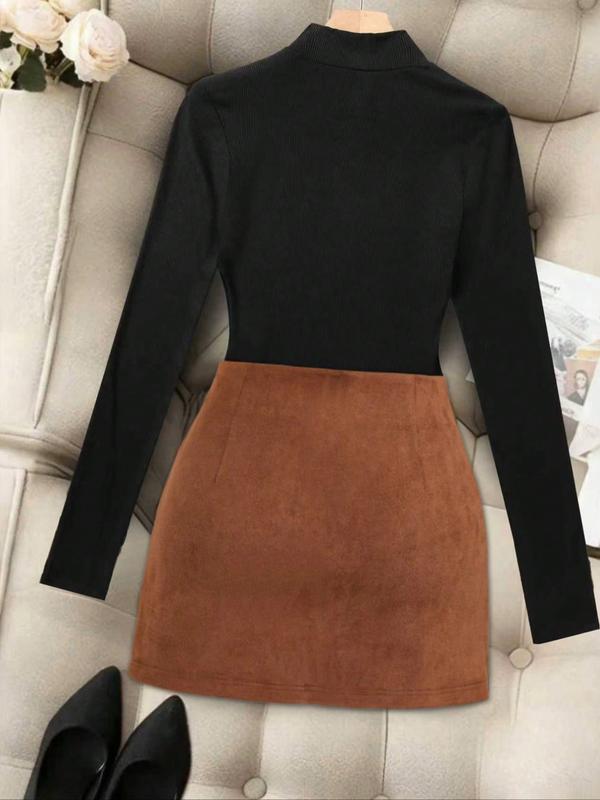 Women's Plus Size Solid Color High Neck Long Sleeve T-Shirt and Pleated Midi Skirt Set, Casual Two-Piece for Fall Spring