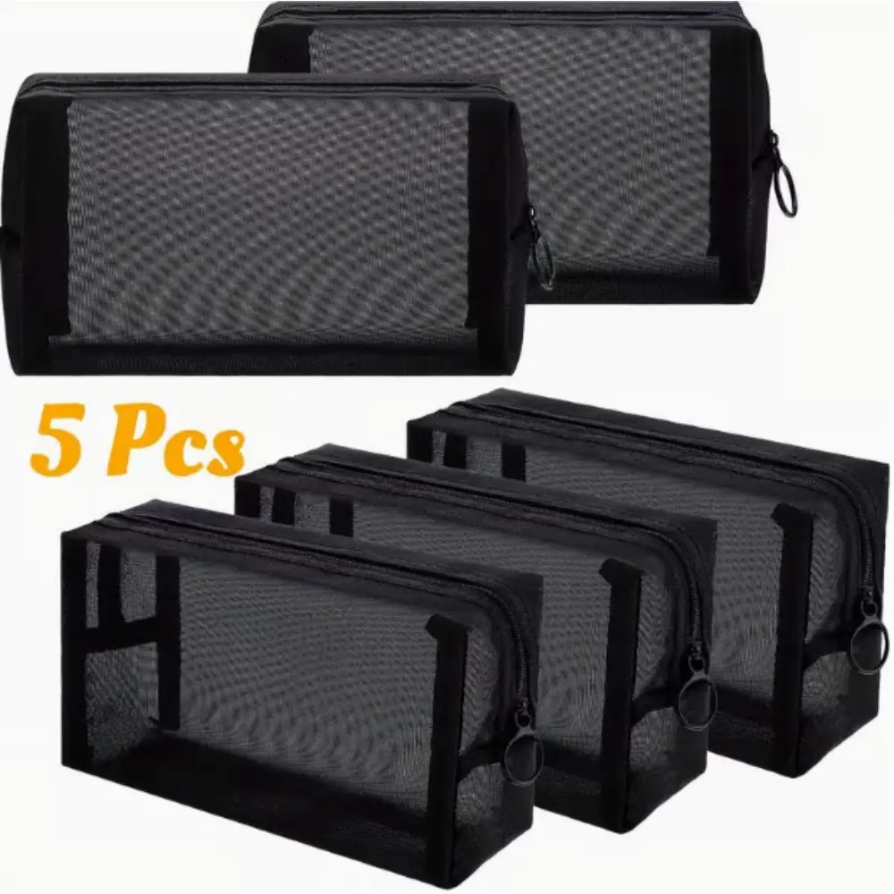 5pcs Mesh Makeup Bag, Travel Mesh Cosmetic Bag, Portable Toiletry Bag, Black Breathable Mesh, for Accessories Organizer
