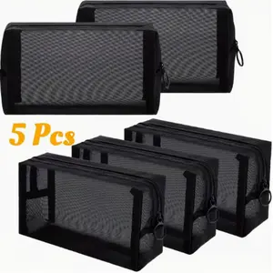 5pcs Mesh Makeup Bag, Travel Mesh Cosmetic Bag, Portable Toiletry Bag, Black Breathable Mesh, for Accessories Organizer