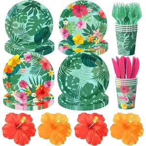 144Pcs Tropical Luau Party Supplies Hawaiian Hibiscus Floral Disposable Paper Plates and Napkins Palm Leaf Themed Tableware Set for Summer Beach Aloha Birthday Decorations
