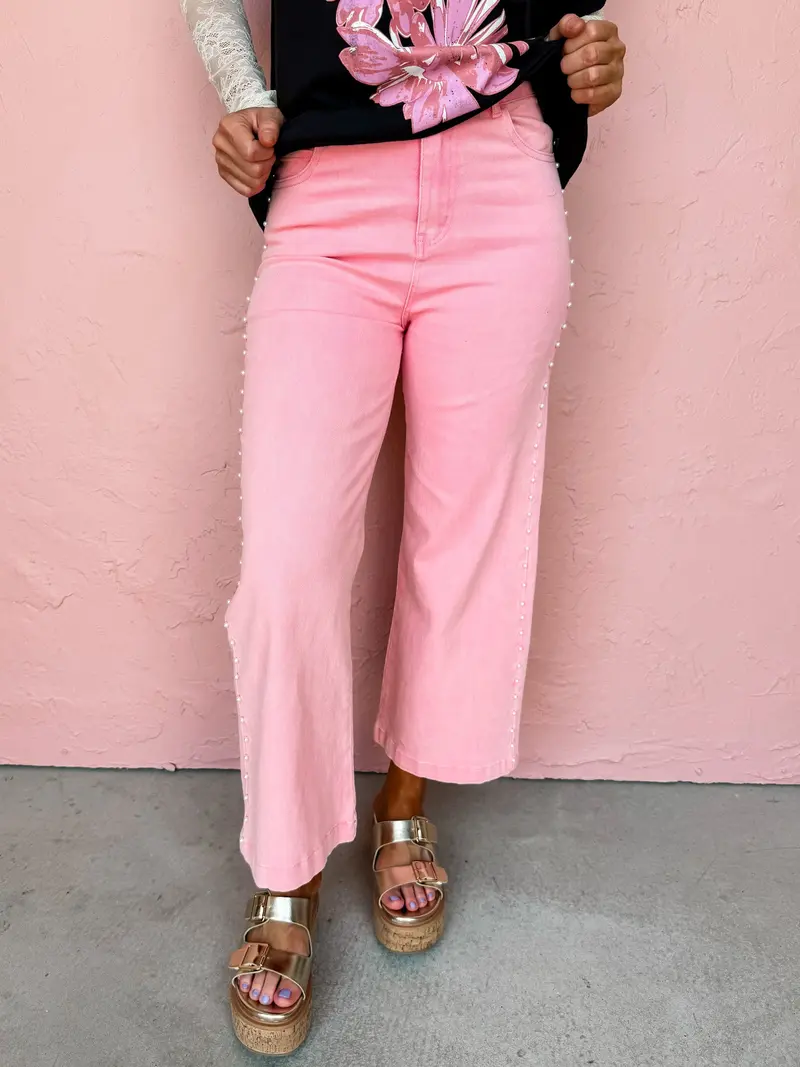 Visiting Italy Pearl Embellished Wide Leg Jeans-Pink