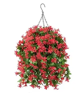 Artificial Hanging Violet Flowers in Basket for Patio Garden Decor,Artificial Vine Plant Coconut Lining Hanging Basket for The Decoration of Courtyard(Red)