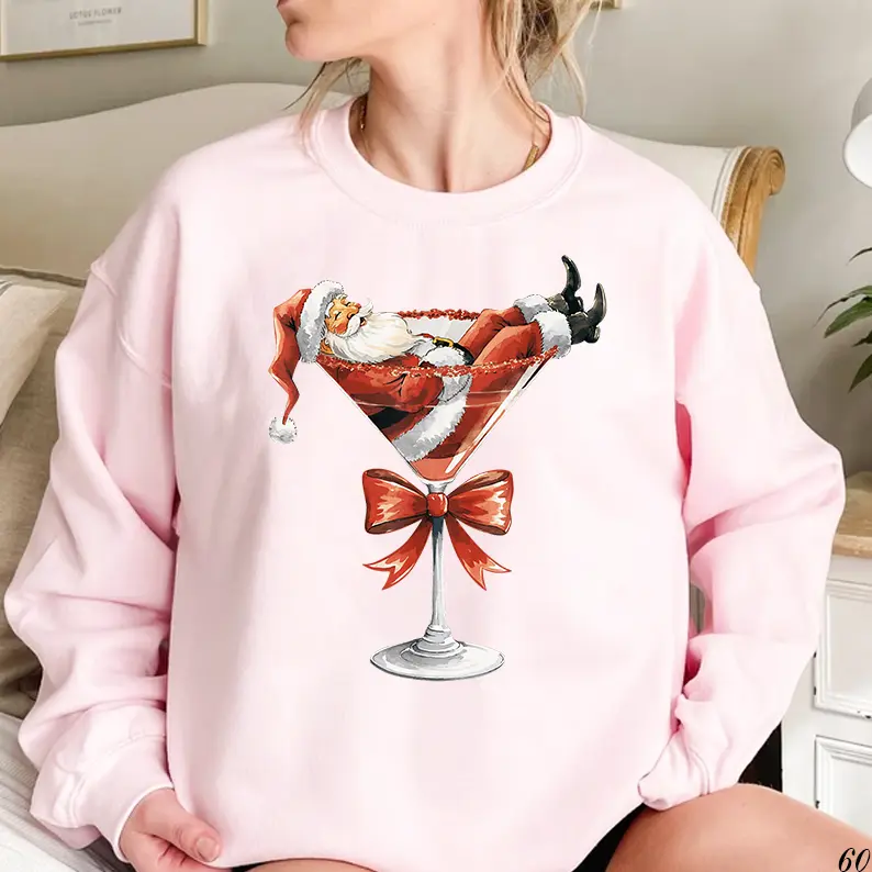 Santa Martini shirt, Coquette sweatshirt, Santa Christmas T-shirt,Girly Christmas t -shirt,Christmas Bow sweater