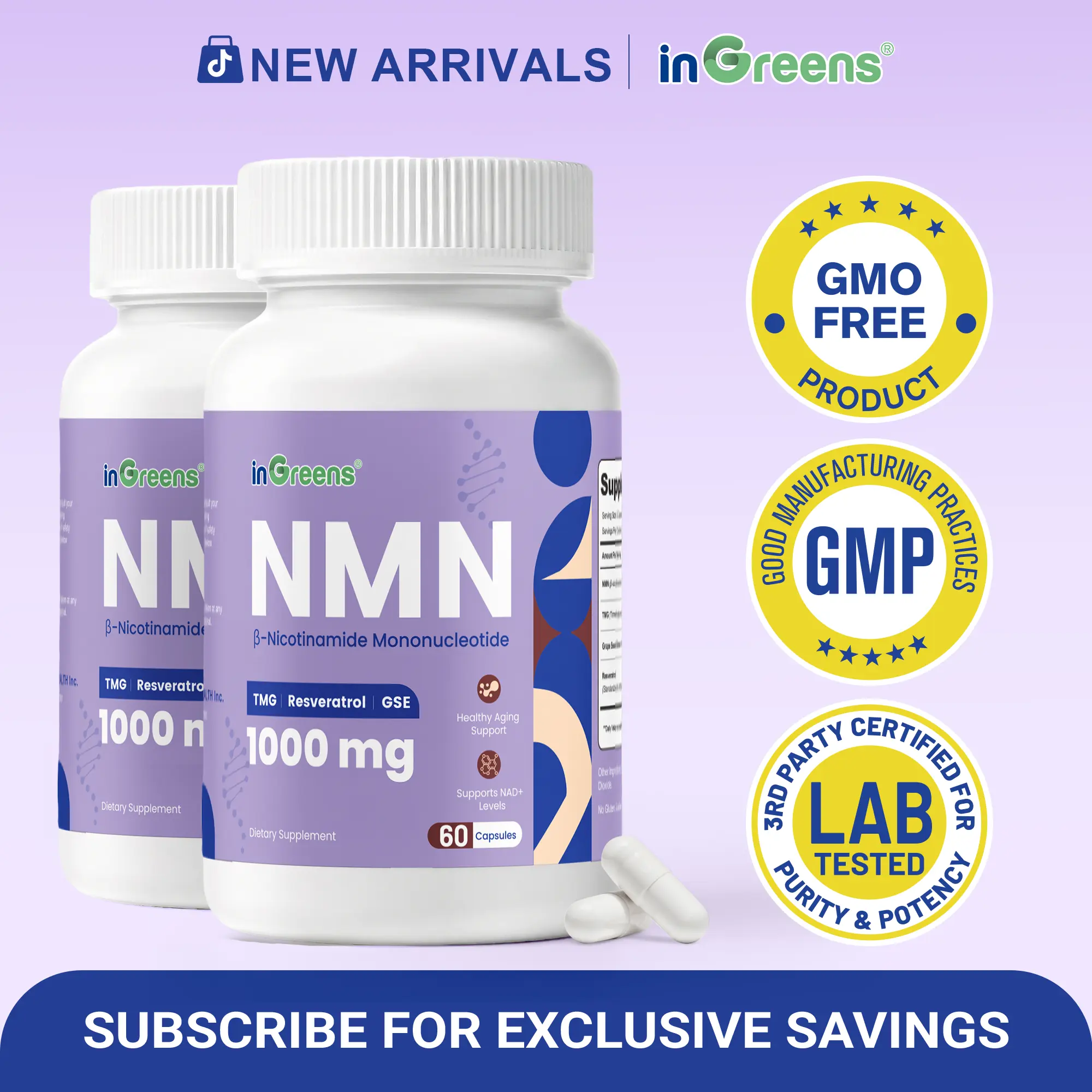 inGreens NMN 1000mg Dietary Supplement Bottle (140g) with Trans-Resveratrol, TMG, Grape Seed Extract - Sugar Free, Gluten Free - 3rd Party Lab Tested for Cellular Energy, Body Health - 60 Capsules
