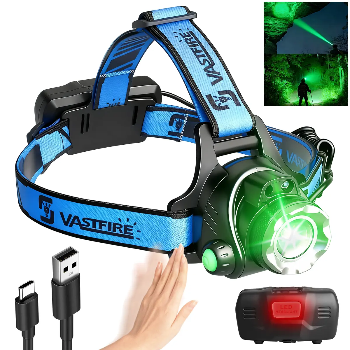 Super Bright Green LED Zoomable Headlamp, Rechargeable Sensor Headlight Flashlight, 3 Lighting Mode, 90° Adjustable Focus Head Lights For Forehead, Suitable For Camping, Teaching, Searching, Hunting, Night Riding, Caving, Fishing, Ect