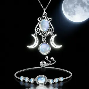 AELNEN S925 Silver Bohemian-Style Moonstone Bracelet/Necklace for Women — Adjustable Chain Design, Suitable for Any Occasion.