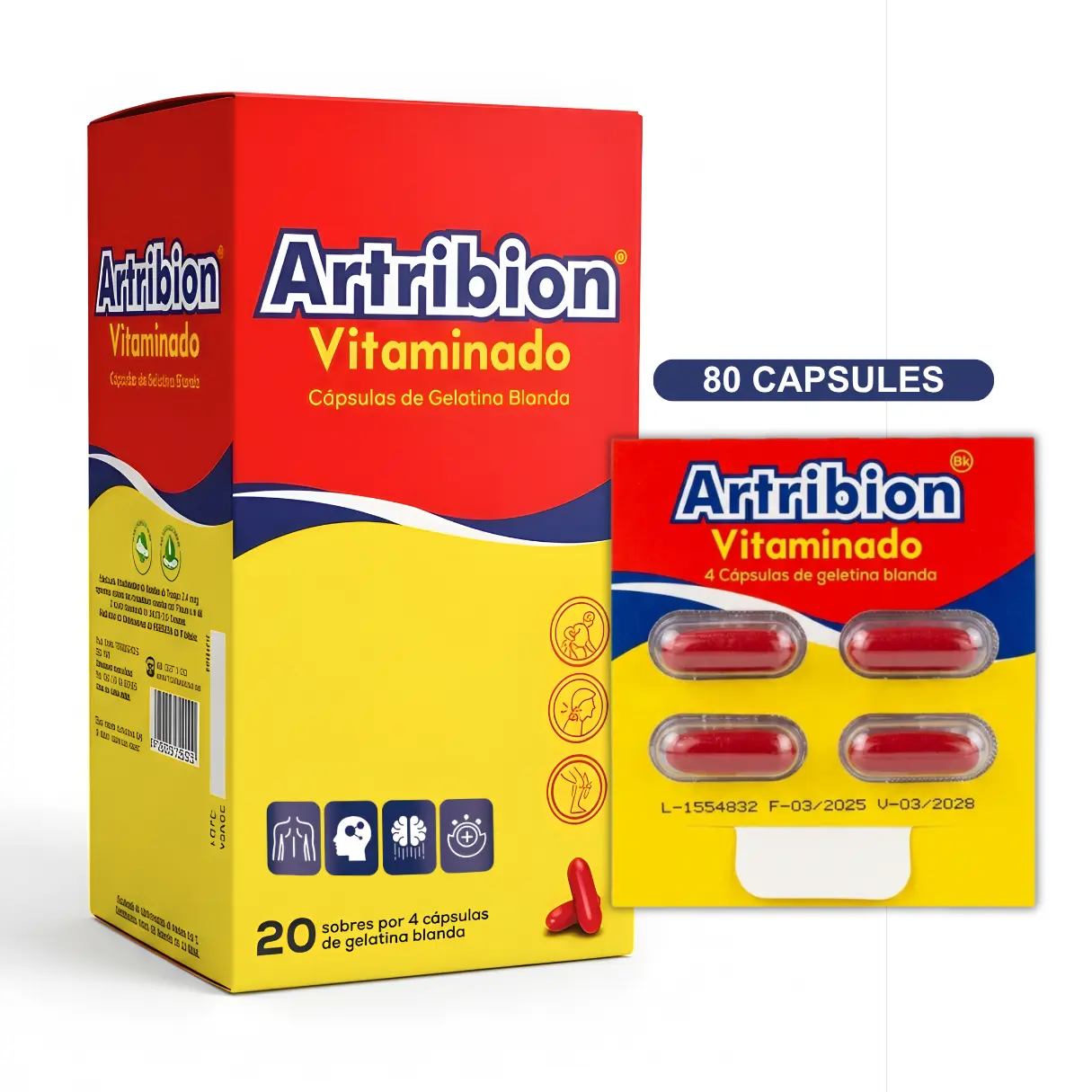 Artribion 80 capsules vitamina b12 - 20 sobres de 4 cápsulas - Dietary Supplement  Artribion vitaminado - Vitamin B1, B2, B3, MSM, Glucosamine & Omega for Healthcare and Edible Fitness glucosamina condroitina colageno vitamina natural dietary