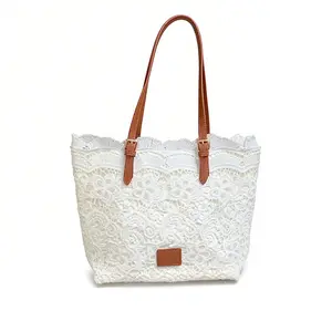 Women’s French Lace Hollow Tote Bag Large Capacity Shoulder Purse Adjustable Leather Straps Minimalist Floral Aesthetic Handbag Available in Versatile Summer Tote