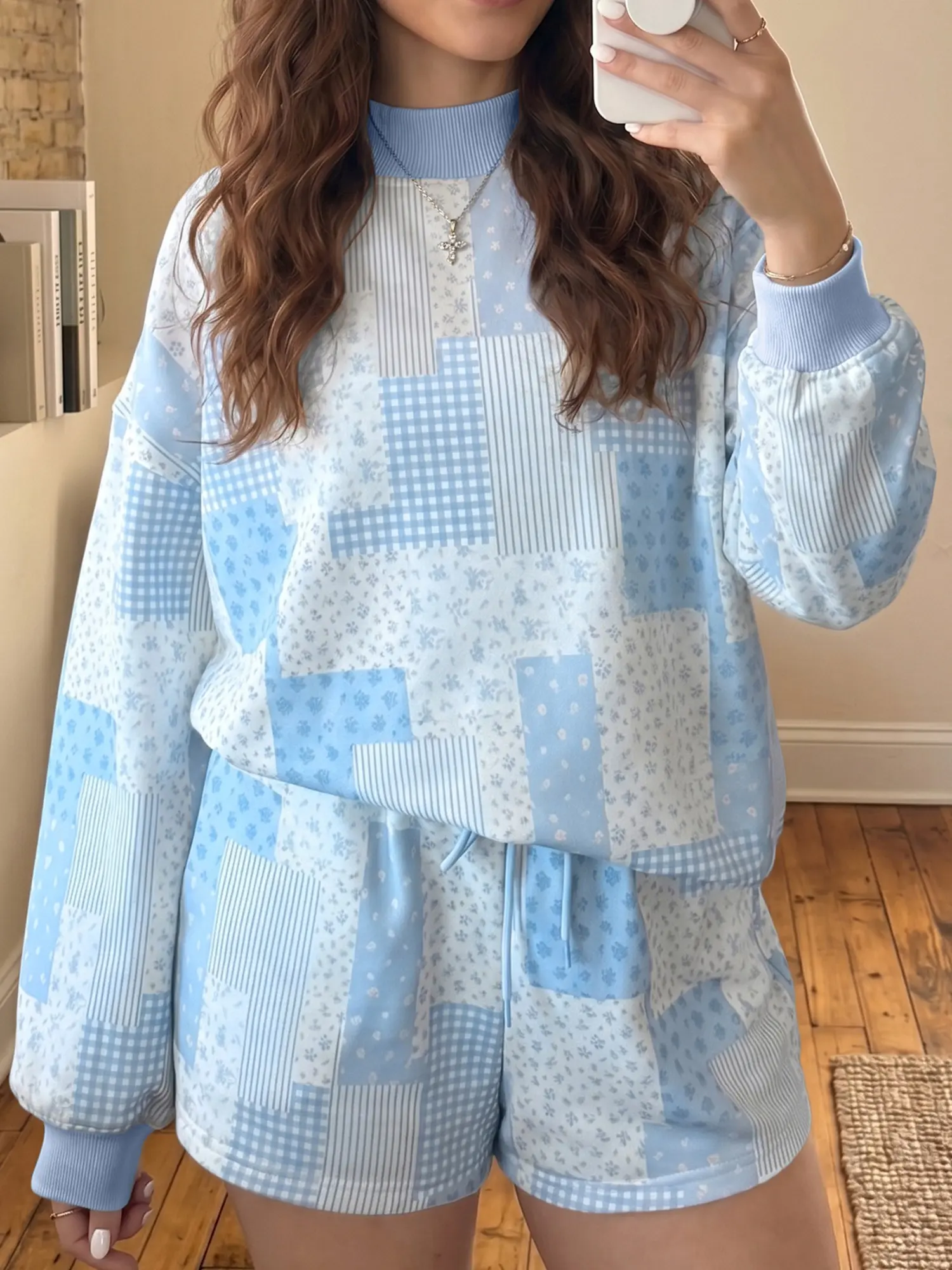 Women’s Floral Patchwork Drop Shoulder Pullover and Drawstring Shorts 2 Piece Casual Lounge Set