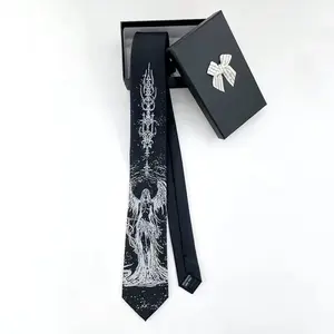 Unisex Normal Type Gothic Hell Embroidery Necktie, Black Punk Aesthetic Handcrafted Tie, Edgy Statement Accessory for Men-Women, 7x146cm Hand Tie