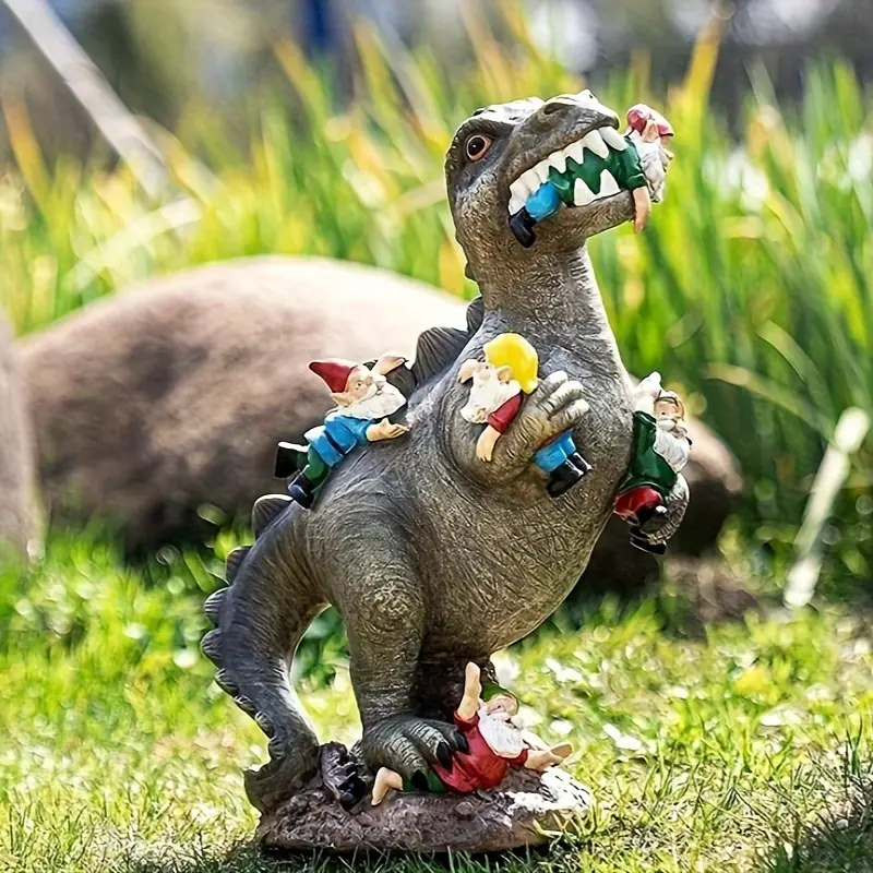 Whimsical Resin Gnome-Eating Dinosaur Figurine - Colorful Anime-Themed Decorative Statue, Outdoor/Indoor All-Seasons Collectible Art Piece, Perfect Gift for Holiday & Special Occasions (Living Room, Office, Garden Use)