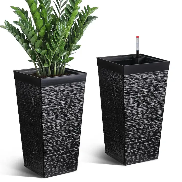 [FLASH SALE] Garvee Self-Watering Tall Planters for Porch and Patio, 2-Pack 22.5-Inch Black Plastic Pots with 2 Water Gauges and Removable Trays