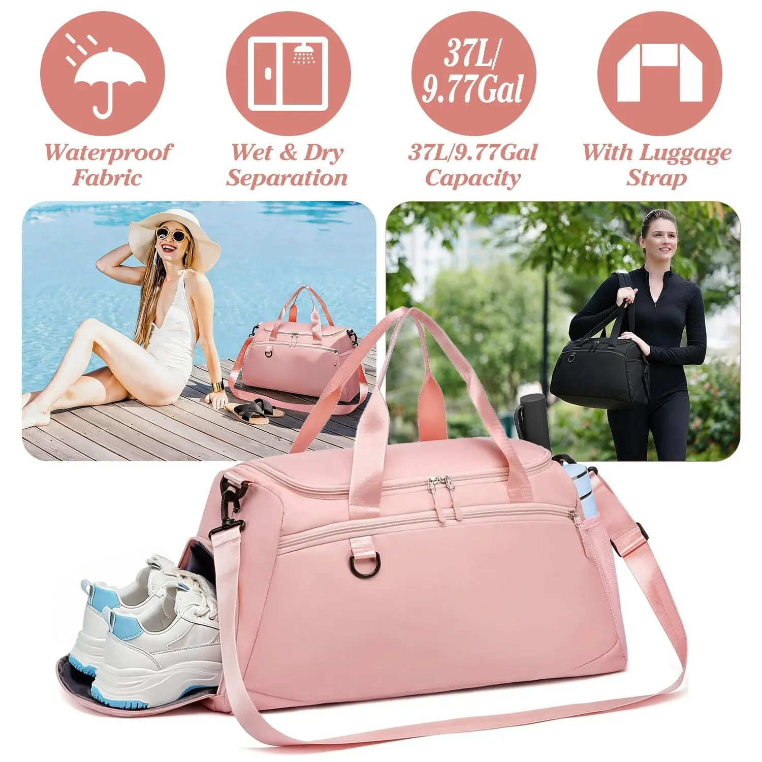 Gym Duffle Bag with Shoe Compartment & Wet Pocket 37L Waterproof Sports Travel Bag, Carry On Weekender Overnight Tote with Adjustable Shoulder Strap