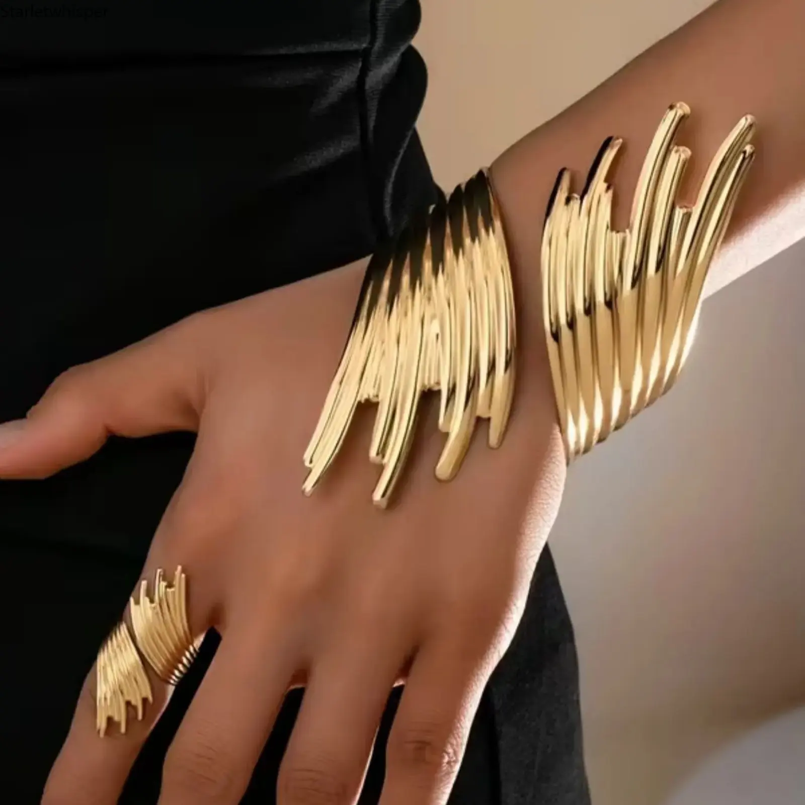 Euro American Textured Wing 2Pcs Jewelry Set for Women, Stylish Unique Bracelet & Ring, Trendy Accessories for Daily Wear, Party & Holiday Occasions