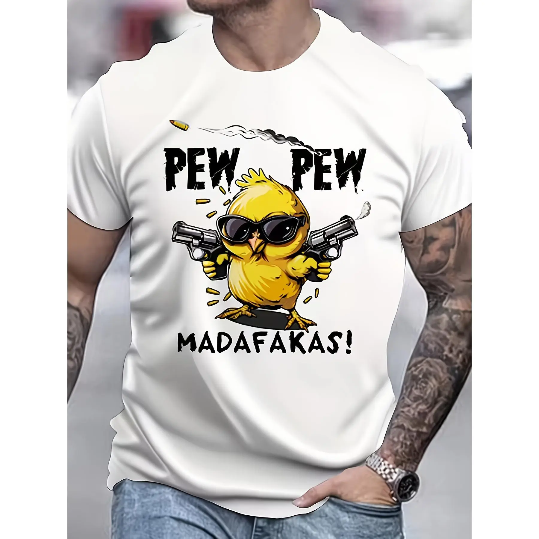Men's Oversized Relaxed Fit "Pew Pew Madafakas" Graphic T-Shirt - Casual Street Style Menswear Top, White with Yellow Cartoon Chicken & Guns Print, Lightweight Polyester Fabric, Round Neck, All-Season Wear, Fun Novelty Tee