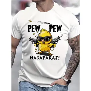 Men'S "Pew Pew Madafakas" Graphic T-Shirt - Casual Street Style, White with Yellow Cartoon Chicken & Guns Print, Lightweight Polyester, Round Neck, All-Season Wear, Fun Novelty Tshirt |   Bold Print Tee |   Polyester Fabri