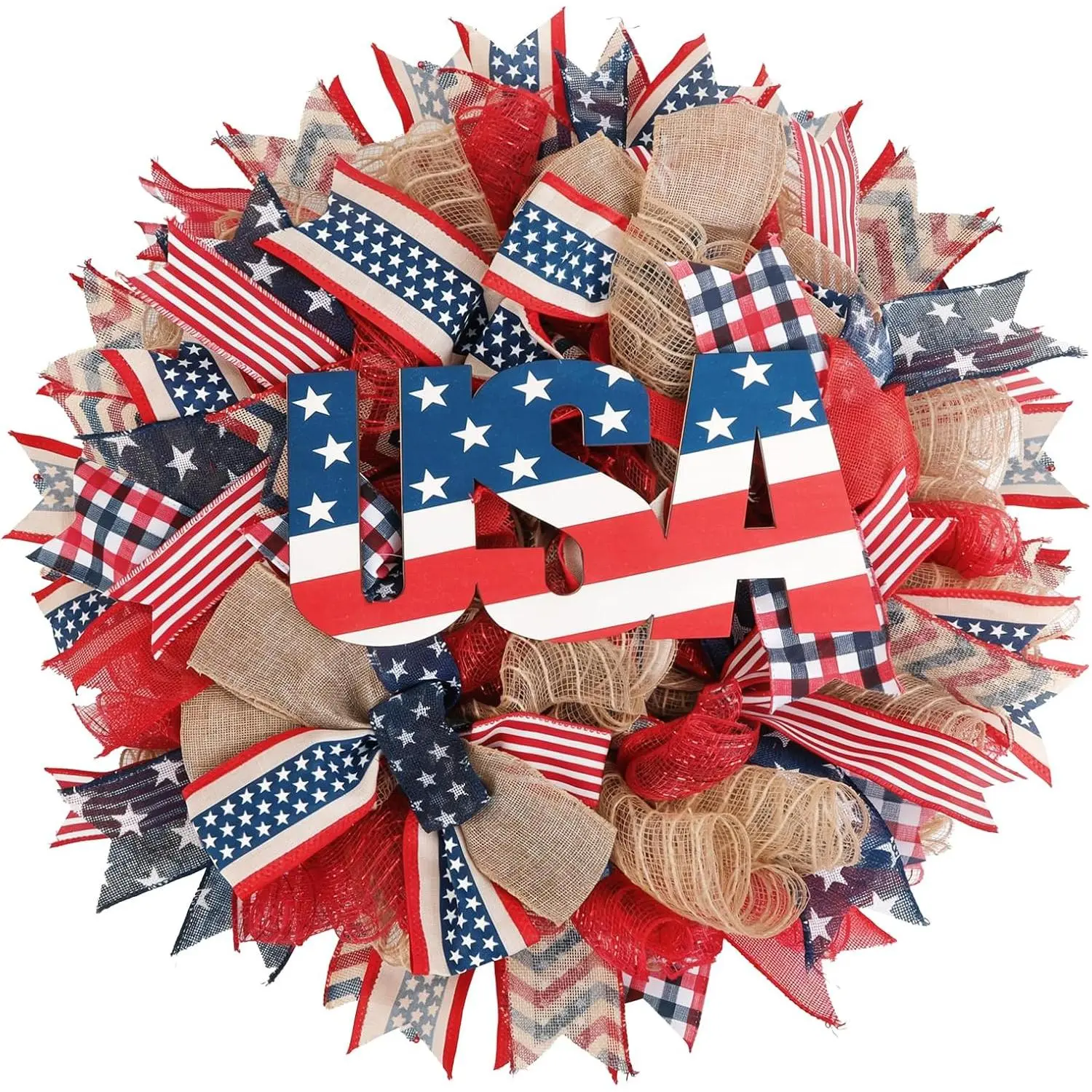 24-in Patriotic Front Door Wreath, 4th of July Decor with Red White Blue USA Tags for American 250th Independence Day Memorial Day, Festive Home Door Hanger Gift