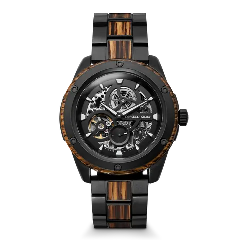 Original Grain Men's Automatic Watch 44mm Whiskey Barrel Wood Skeleton Dial, Sapphire Crystal, 5ATM Water Resistant, 40-Hour Power Reserve, Matte Black Steel, Rugged High Quality Analog Wristwatch with 20-Jewel Movement, Ideal Groomsmen & Father's Day Gif