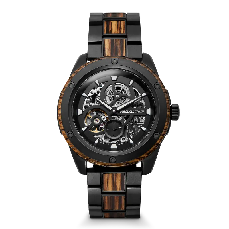 Original Grain Men's Automatic Watch 44mm Whiskey Barrel Wood Skeleton Dial, Sapphire Crystal, 5ATM Water Resistant, 40-Hour Power Reserve, Matte Black Steel, Rugged High Quality Analog Wristwatch with 20-Jewel Movement, Ideal Groomsmen & Father's Day Gif