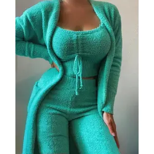 Women's Plush Three-piece Set, Lace-up Pajamas Set, Casual Set, Loungewear Suit Pants Long Sleeve Nightwear