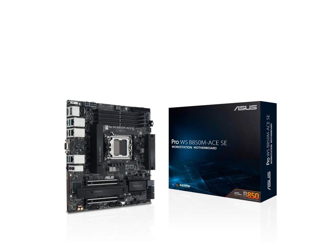 ASUS Pro WS B850M-ACE SE AMD AM5 B850 mATX MicroATX Business motherboard, PCIe 5.0 x 16, DDR5, 2x PCIe 5.0 M.2, PCIe 5.0 MCIO, U.2, 10G & 2.5G LAN, USB4, ASUS Control Center Express Remote Management