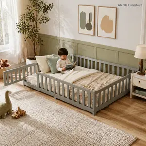 Kids' Furniture Full Size Rubber Wood Floorbed Crib for Infant - Grey Space-Saving Design with Safety Fence, Guardrails, Revolving Access Door