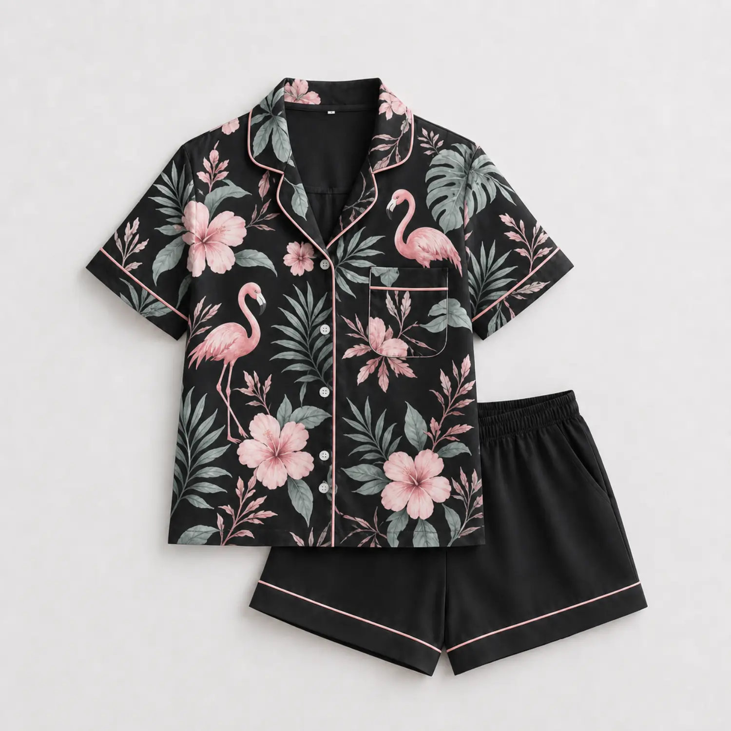 Women's Black Floral Flamingo Pajama Set - Short Sleeve Button-Up Sleepwear with Piped Trim - Soft and Casual Nightwear