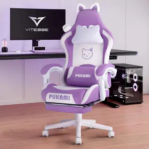 Pink Kawaii Gaming Chair For Girl With Cat Paw Lumbar Cushion And Cat Ears, Ergonomic Computer Chair With Footrest And Headrest, Comfortable Reclining PC Game Chair For Adult Kid