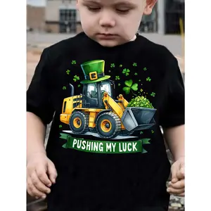 Boys' PUSHING MY LUCK | St. Patrick'S Day Green Leaf Excavator Print Casual Crew Neck T-Shirt | Slight Stretch Fabric, Regular Fit, Spring/Summer Season, CHICFULL Brand