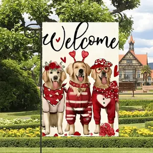 Cute Dog Welcome Garden Flag Red Rose Heart Embroidery Durable Polyester 12x18 Inches Ideal for Spring Summer Decor Outdoor Garden Party Wedding Valentine's Day Celebrations Flag Only No Pole Included