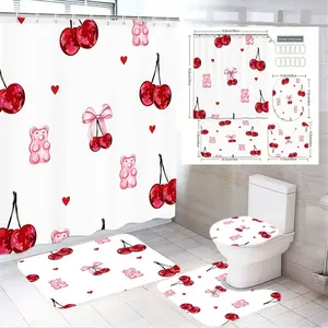 1/4pcs Cherry Heart Themed Bathroom Waterproof Shower Curtain Set - White Shower Curtain with Red Cherries Pink Gummy Bears & Small Hearts, Matching Bath Mat & Toilet Cover, Playful Decor for Valentine's Day Spring Home Decor