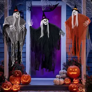 Ayieyill 3Pcs Halloween Hanging Ghosts Polyester Decorations for Outdoor Indoor Scary Skeleton Ghosts Haunted House Props Realistic Skull Faces Witch Hats Flowing Shredded Robes Black Red Gray Classic Design Lightweight Easy Hanging Setup