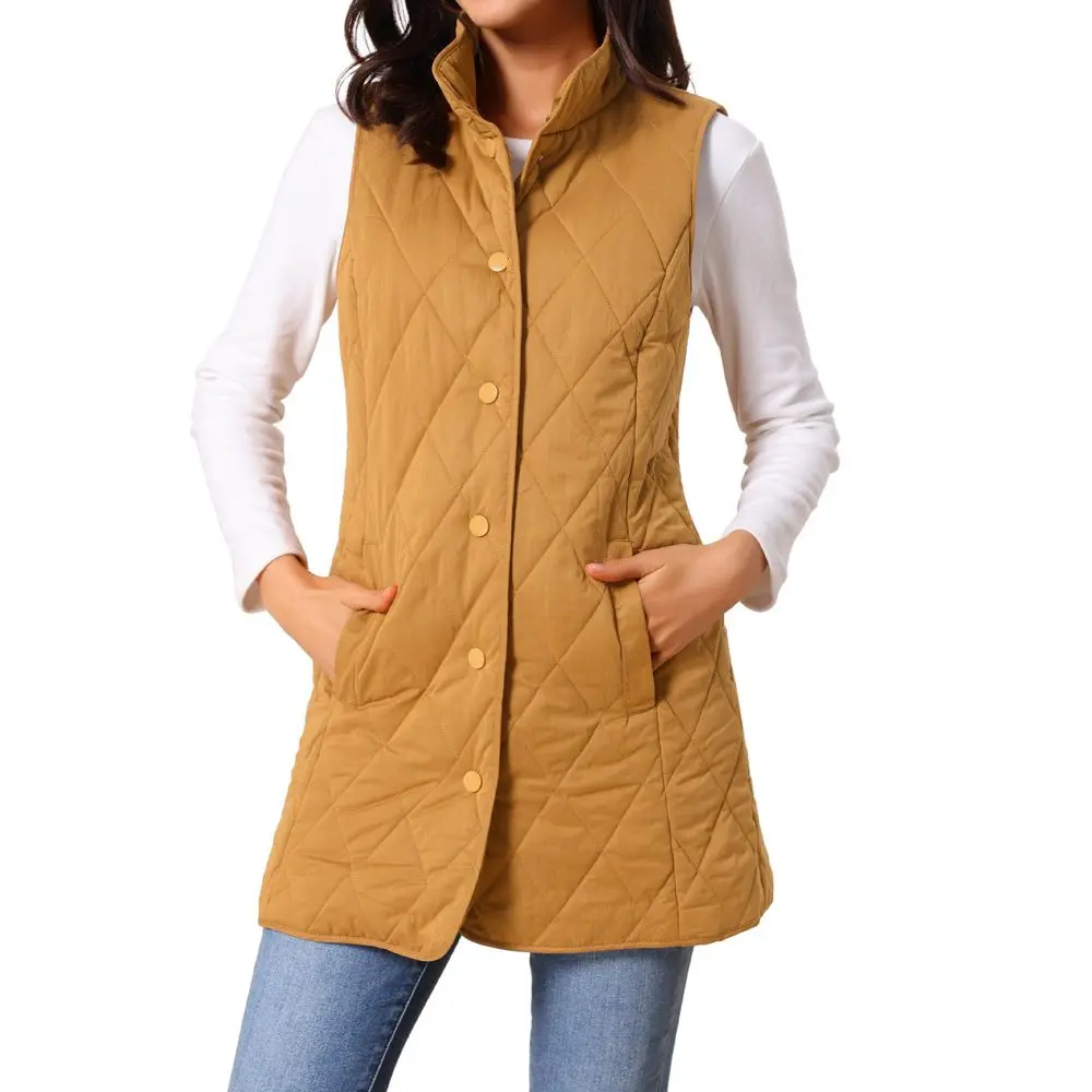INSPIRE CHIC Women's Winter Stand Collar Sleeveless Lightweight Gilet Quilted Long Puffer Vest Brown Medium