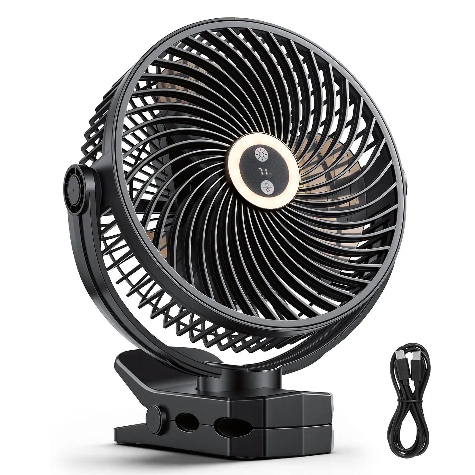 【Summerfinds】VEVOR Portable Clip Fan, Rechargeable Clip On Fan with Light, USB Port with 3 Speeds & Circulation Mode, Strong Airflow Sturdy Clamp, Long Runtime for Desk, Golf Cart,Outdoor Camping Treadmill,Black