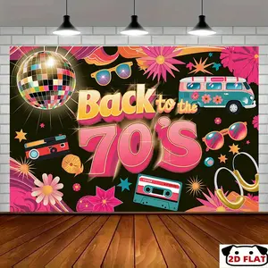 2D Flat Banner 1pc, Retro 70s Disco Party Backdrop Banner - Vibrant Polyesterwith "Back to 70's" Text, Colorful Illustrations Flowers, Stars, Nostalgic Items - Perfect Home, Room, or Party Decoration, Disco
