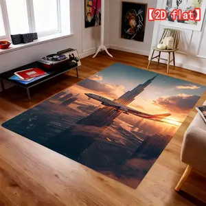2D flat airplane with city skyscrapers against a sunset background, creating a warm atmosphere, popular with many options, suitable for decorative rugs in living rooms, bedrooms, bathrooms, outdoor patios, and gardens