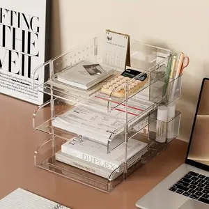 Transparent Plastic File Rack 4 Layers, Office Desktop Multi-Layer Document Organizer, Side Hole Board with Pen Holder, Clear Organizer