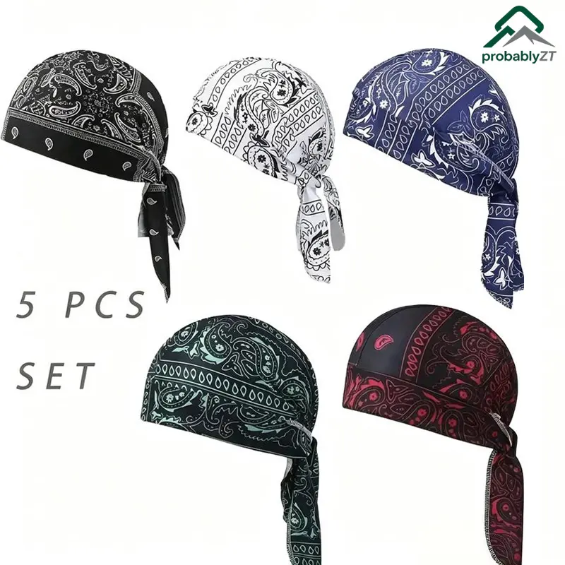 Unisex 2/3/5 PCS Paisley Bandana Durags Set - Adjustable Tie-Back Head Wrap Scarf, Breathable Quick-Dry Polyester Mix Skull Cap, Biker Hat Helmet Liner for Sports Cycling, Outdoor Sun Protection