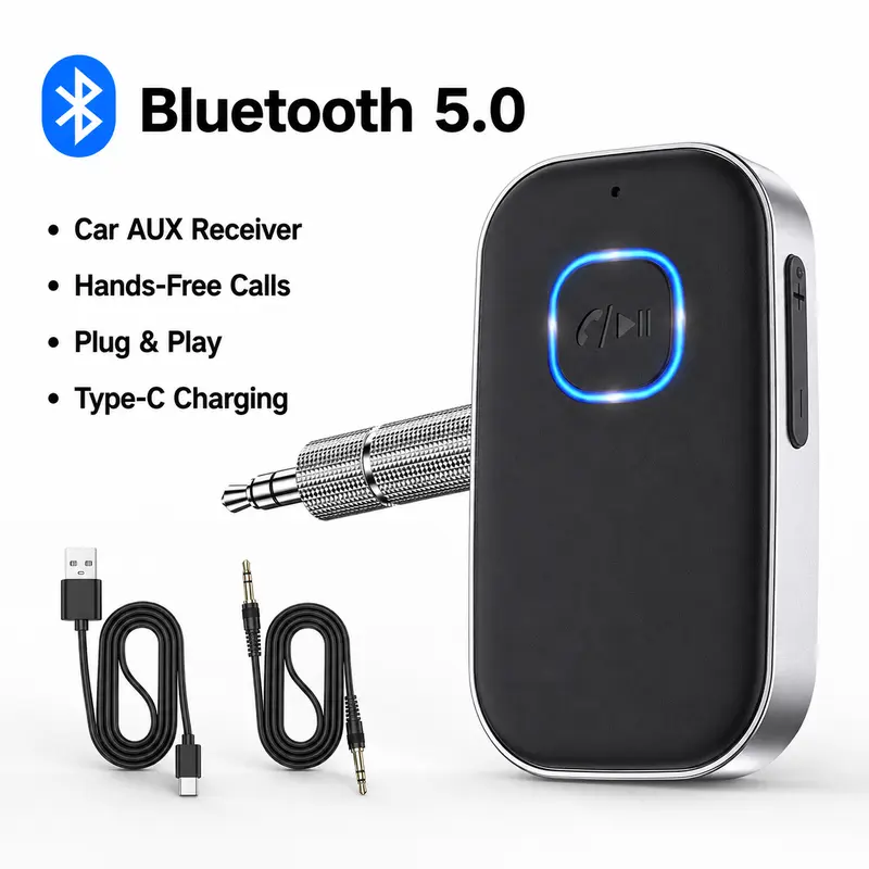 Bluetooth Car Aux Wireless Audio Receiver - 3.5mm Automobile Adapter, Noise Cancelling, Hands-Free Calls, 16H Battery Life, Plug & Play Wireless Adapter for Home Stereo/Wired Headphones