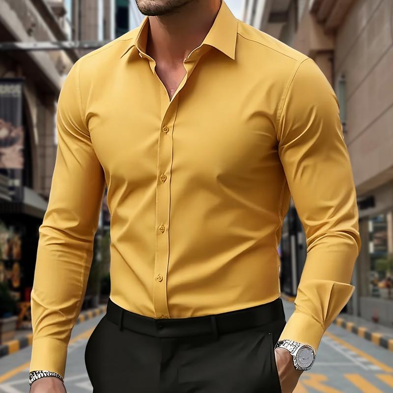 Men's Fashion Casual Shirt - Long Sleeve Solid Color Style, Collared Button Design, Polyester Fabric, Comfortable and Breathable, Suitable as a Holiday Gift, For Outings, Casual Parties, Dates, Light Business