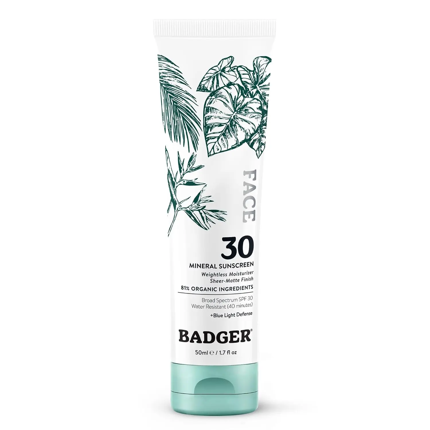 Badger Zinc Oxide Face Sunscreen SPF 30, Organic, No White Cast, 1.7 fl oz