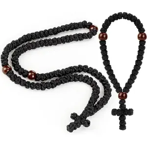 2 Pcs Orthodox Prayer Rope Set, 100 Knot Christian Chotki Prayer Rope 33 Knot Handmade Greek Komboskini Bracelet, for Protection Blessing, Ideal Gifts Car Hanging Charm Home Ornament (Black, Classic Style)