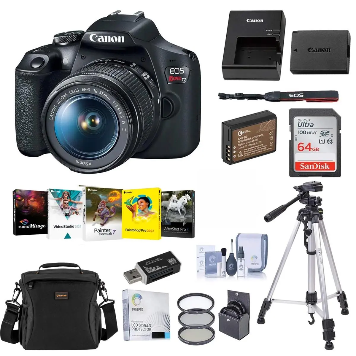 Canon EOS Rebel T7 DSLR Camera with EF-S 18-55mm Lens Complete Bundle with Bag, Battery, Charger, Filter Kit, Tripod, 64GB SD Card and Accessories